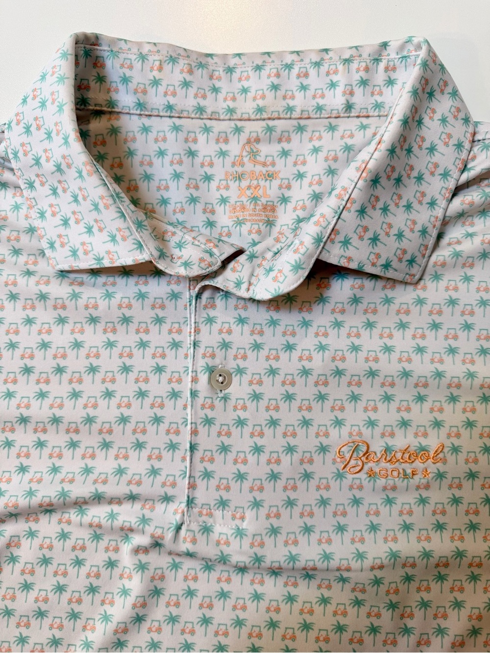 Rhoback Barstool Golf Mens Polo Shirt 2XL White Palm Tree Golf Cart Performance
